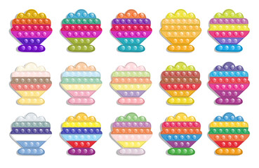 Set of Antistress toys fidget sensory pop it Sea Shell.  Multicolored shiny toys with shadows and flare.