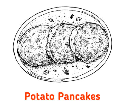 German potato pancakes hand drawn vector illustration. German food top view. Vintage design element. Sketch illustration.