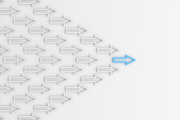 Leadership concept, blue leader arrow leading white arrows, on white background. 3D Rendering