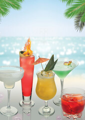 Cocktail menu set, Summer concept with exotic drinks blur ocean on background ice drinks. Palm leaves on foreground. Copyspace for text - Image