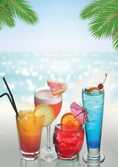 Summer concept with exotic drinks blur ocean on background ice drinks. Cocktail menu set, Palm leaves on foreground. Copyspace for text - Image