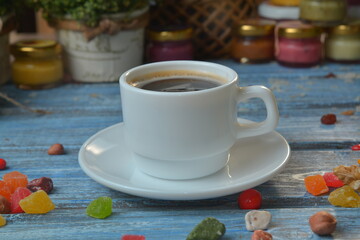 cup of coffee on table in cafe ,Morning light