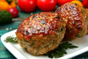 juicy fried meat cutlets on wooden cutting board Fried chops and vegetables on background