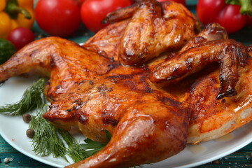 Grilled chicken and vegetables on wooden table