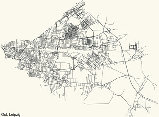 Black simple detailed street roads map on vintage beige background of the quarter East (Ost) district of Leipzig, Germany