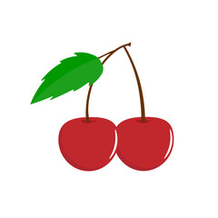 Cherries Illustration - Pair of cherries with stems and leaves isolated on white background