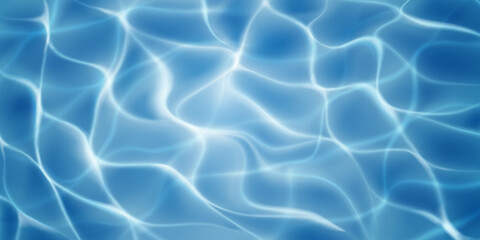 Fototapeta na wymiar Water surface background with sunlight glares and caustic ripples. Top view. In blue colors