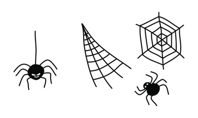 Spider, a doodle style spider web. Vector illustration silhouette isolated on white background.