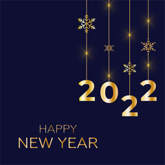 Fototapeta na wymiar Happy New Year 2022. Hanging gold metal numbers with shining snowflake, over blue background. New Year card or banner template. Vector