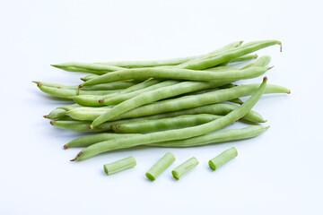Green beans on white background. Copy space