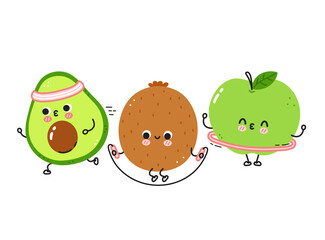 Cute funny fruits make gym set collection. Vector flat line cartoon kawaii character illustration icon. Isolated on white background. Awocado,apple,kiwi workout character bundle