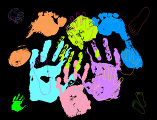 Set of isolated vector handprints, footprints, hand outlines and foot outlines. Graphic resource. Brush. Elements.
