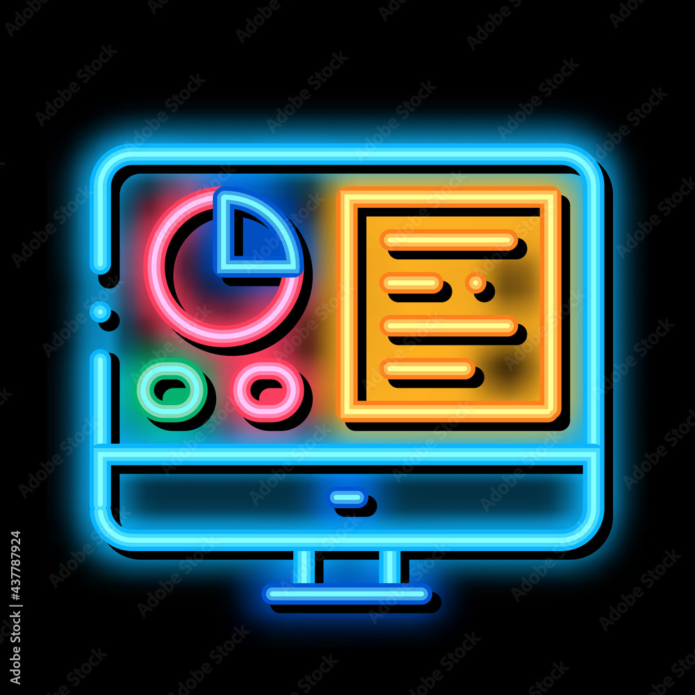 Poster analytics on computer screen neon light sign vector. glowing bright icon statistician report on comp