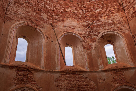 Brick wall with three windows. An old ruined church. Inside view. Smolensk region, 1753.