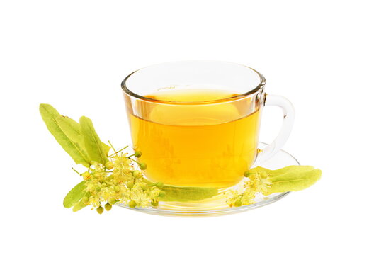 tea with linden  flowers in glass cup isolated on  white