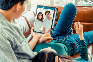 Family happy video call while stay safe at home during covid-19 coronavirus outbreak. Concept of...