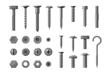 Metallic technical bolt and screw hardware, construct supply. Set of different chrome nail, stainless stud and metal rivet workshop equipment vector illustration isolated on white background - obrazy, fototapety, plakaty
