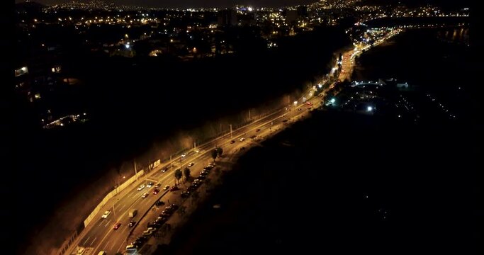 NIGHT AERIAL VIEW OF THE CIRCUIT OF THE BEACHES BAY IN LIMA