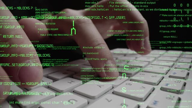 Creative visual of computer programming coding and software development shown by man working on computer keyboard with overlay of computer graphic displaying abstract program codes and computer script