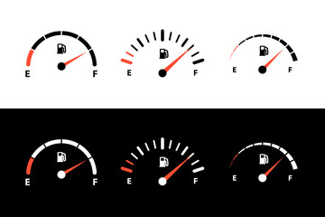 Fuel indicator, meter gauge display for level control. Different version of dashboard petrol, diesel or gas volume reminder with arrow pointer vector illustration isolated on black white background - obrazy, fototapety, plakaty