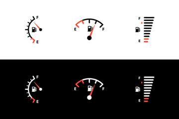 Obraz premium Car fuel tank indicator with gas, petrol, diesel gauge set. Different dashboard auto panel equipment with arrow needle for indicating fuel level vector illustration isolated on black white background