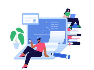 Online education scene concept. Students study remotely