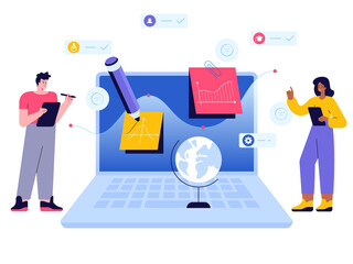 Online education scene concept. Students receive education