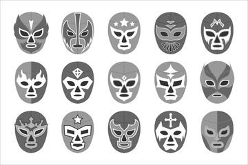 Fototapeta na wymiar Black-and-white lucha libre mask for wrestling fight show. Set of latino traditional extreme sport game costume for luchador fighter vector illustration isolated on white background