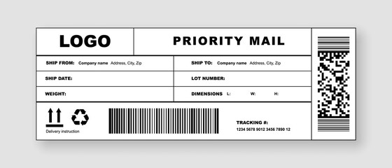 Delivery label mail for post package or shipping document. Realistic international postal header mockup for priority parcel with company logo mark, address and caution sign vector illustration