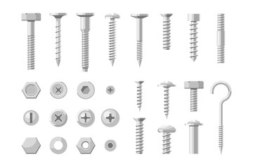 Metal fastener, stainless steel bolt, brass and screw set. Silver, chrome or titanium rivet and washer hardware tool for fixation and repairing vector illustration isolated on white background - obrazy, fototapety, plakaty