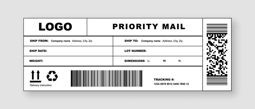 Delivery label mail for post package or shipping document. Realistic international postal header mockup for priority parcel with company logo mark, address and caution sign vector illustration