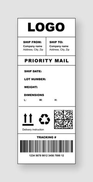 Cargo Shipment Label Sticker Template With Barcode Mockup. Realistic Postal Delivery Priority Mail With Sender And Recipient Insignia Information Text Area And Fragile Recycle Icon Vector Illustration