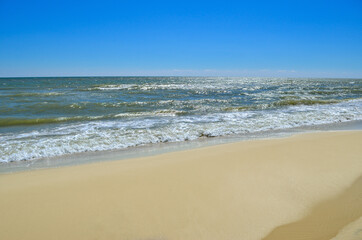 Fototapeta na wymiar Sea waves wash the beach against a blue sky. Landscape on a wild beach.