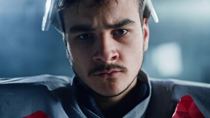 Ice Hockey Rink Arena: Portrait of Brutal Professional Goalkeeper, Taking off Goaltender Mask, Looking at Camera Seriously. Focused Goalie, Determined to Win. Confident Champion Athlete. Close-up Shot