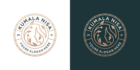 Minimalist women face with badge emblem logo. Beauty feminine salon, spa, cosmetics, skin care and make up artist logo design