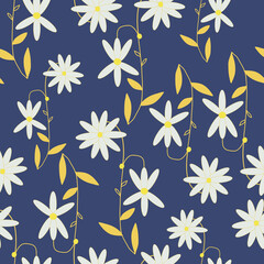 Naklejka na ściany i meble Blue with decorative white daisy flowers seamless pattern background design.