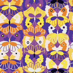 Blue with ornate yellow, orange and purple butterflies seamless pattern background design.