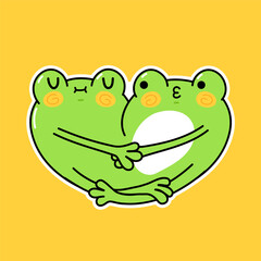 Cute funny frogs couple hugs. Vector hand drawn cartoon kawaii character illustration sticker set. Funny cartoon two toad frog mascot character concept