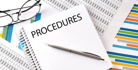 Notebook with text PROCEDURES . Diagram and white background,Business