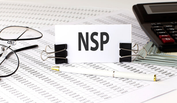 Word writing text NSP on white sticker on chart background. Business concept