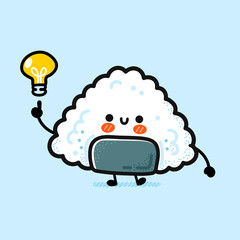 Cute funny onigiri with idea light bulb. Vector hand drawn cartoon kawaii character illustration icon. Onigiri, asian rice and nori food, sushi mascot cartoon character concept