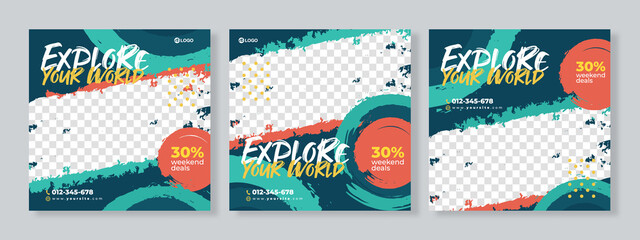 Set of three travel adventure social media pack template premium vector