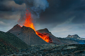 Iceland Volcano Volcanic Eruption with lava at Fagradalsfjall, Reykjanes Peninsula