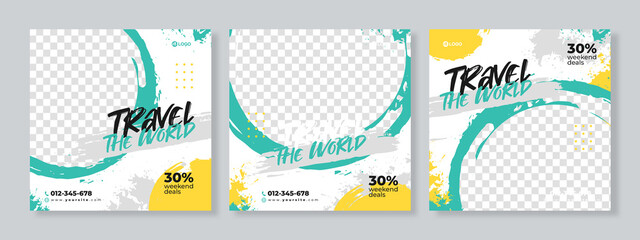 Set of three travel adventure social media pack template premium vector