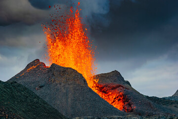 Iceland Volcano Volcanic Eruption with lava at Fagradalsfjall, Reykjanes Peninsula