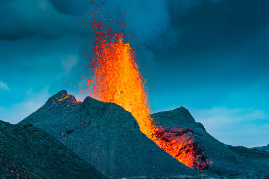 Iceland Volcano Volcanic Eruption with lava at Fagradalsfjall, Reykjanes Peninsula