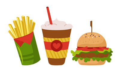 Fast food burger French fries and soda takeaway cartoon set. Hand drawn hamburger and coffee to go. Menu delicious fast food. Cheeseburger, sticks roasted potato chips potatoes. Vector illustration