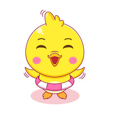 Cute little duck with swim ring isolated white background. Summer style illustration.