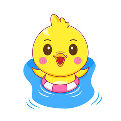 Cute little duck with swim ring isolated white background. Summer style illustration.