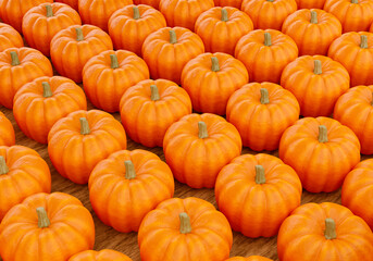 Pumpkins background. Texture with orange pumpkins. Pumpkins background for holiday halloween. Orange pumpkin pattern for site. Jack O'Lantern carving pumpkin illustration. 3d rendering gourds.